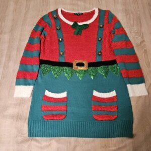 United States Sweater Tunic Dress Christmas Holiday Elf Bells Plus Size Xxl 2x